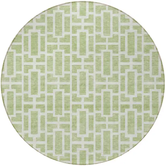 8' Artichoke Green And Ivory Round Geometric Washable Indoor Outdoor Area Rug Photo 4