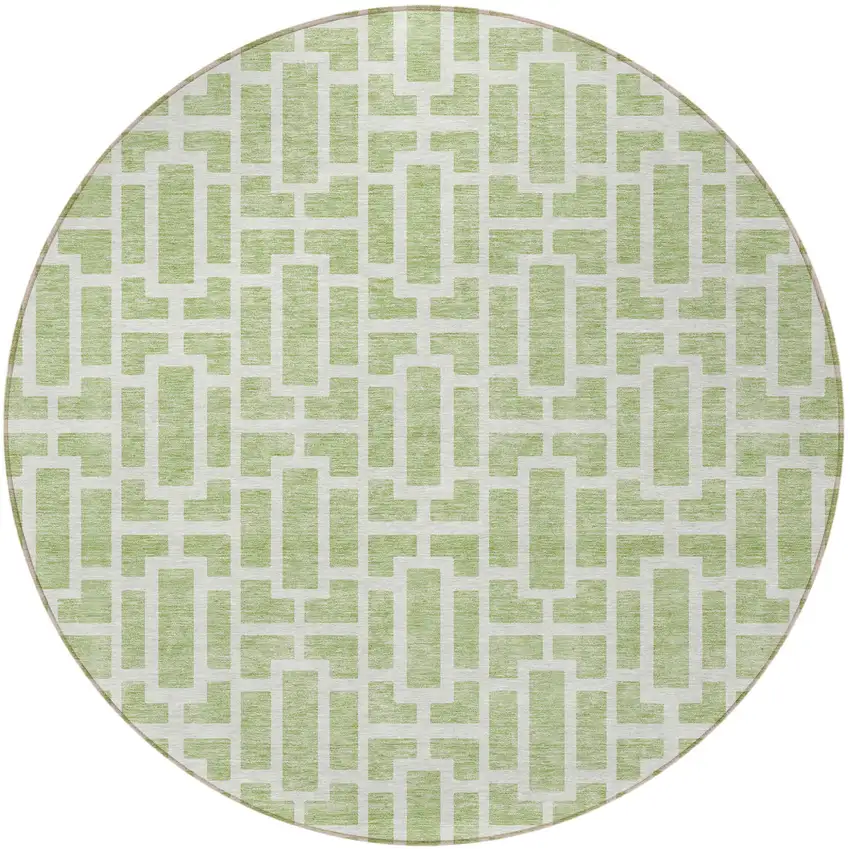 8' Artichoke Green And Ivory Round Geometric Washable Indoor Outdoor Area Rug Photo 4