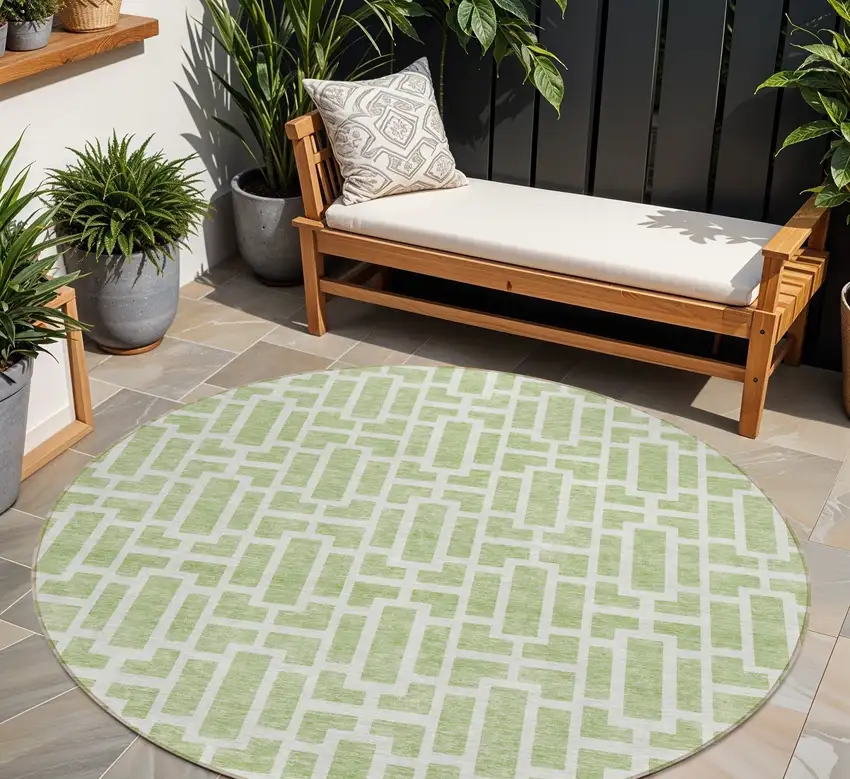 8' Artichoke Green And Ivory Round Geometric Washable Indoor Outdoor Area Rug Photo 1
