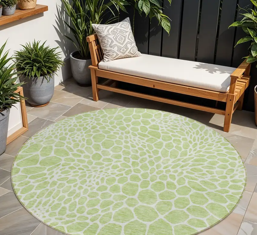 8' Artichoke Green And Ivory Round Geometric Washable Indoor Outdoor Area Rug Photo 1