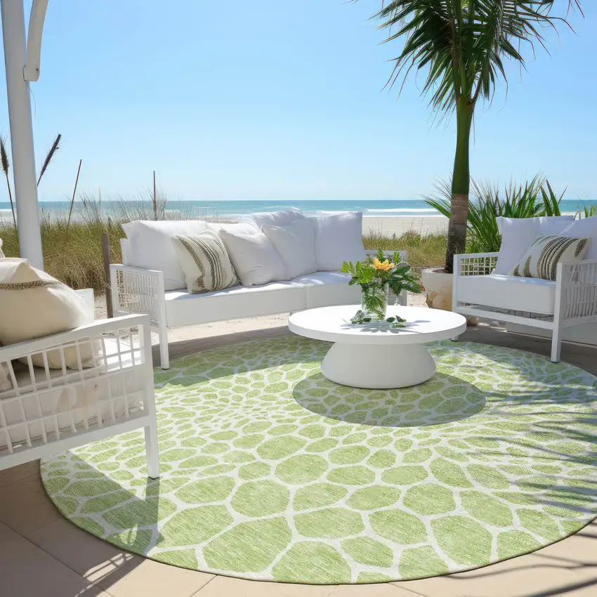 8' Artichoke Green And Ivory Round Geometric Washable Indoor Outdoor Area Rug Photo 7