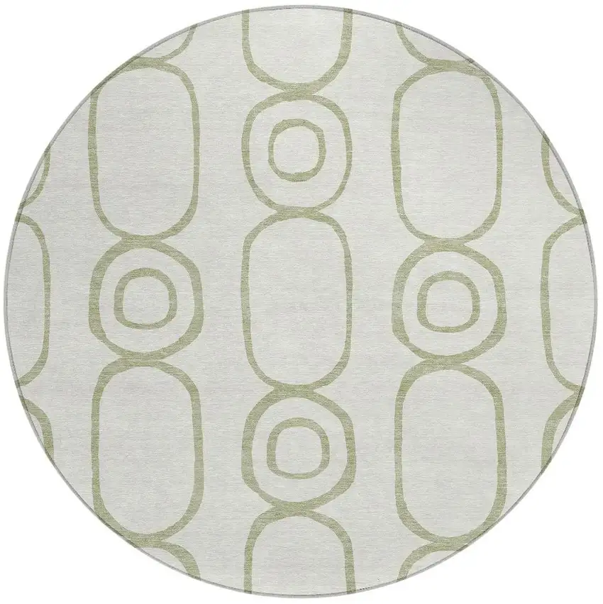 8' Artichoke Green And Ivory Round Geometric Washable Indoor Outdoor Area Rug Photo 4