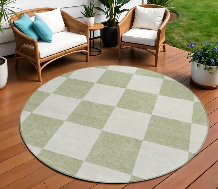 8' Artichoke Green And Ivory Round Geometric Washable Indoor Outdoor Area Rug Photo 1