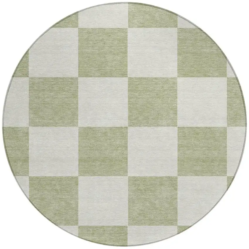 8' Artichoke Green And Ivory Round Geometric Washable Indoor Outdoor Area Rug Photo 4