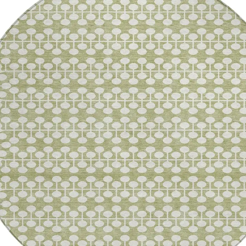 8' Artichoke Green And Ivory Round Geometric Washable Indoor Outdoor Area Rug Photo 5
