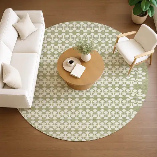 8' Artichoke Green And Ivory Round Geometric Washable Indoor Outdoor Area Rug Photo 8