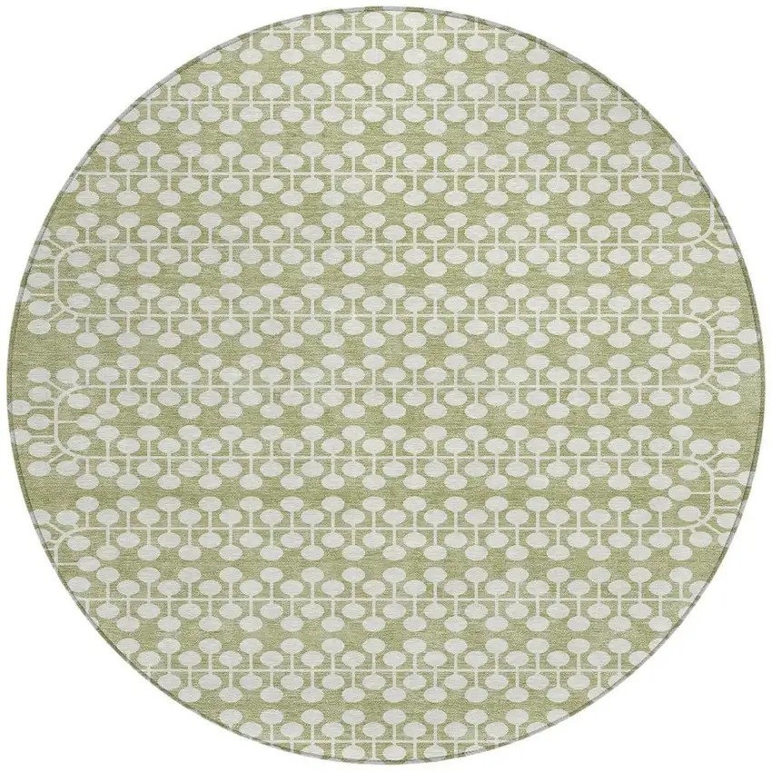 8' Artichoke Green And Ivory Round Geometric Washable Indoor Outdoor Area Rug Photo 4