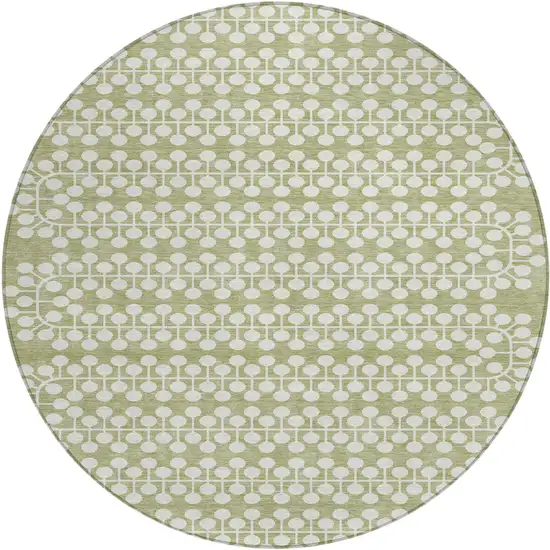 8' Artichoke Green And Ivory Round Geometric Washable Indoor Outdoor Area Rug Photo 2