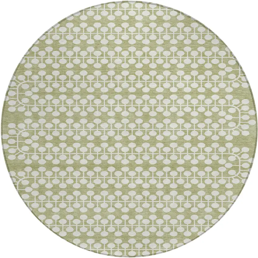 8' Artichoke Green And Ivory Round Geometric Washable Indoor Outdoor Area Rug Photo 2