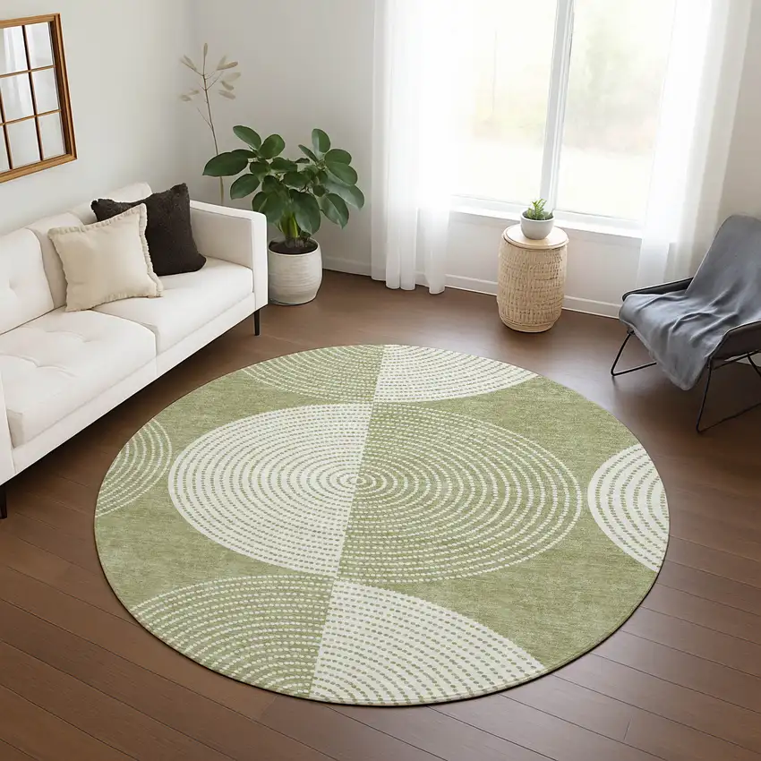 8' Artichoke Green And Ivory Round Geometric Washable Indoor Outdoor Area Rug Photo 8