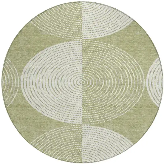 8' Artichoke Green And Ivory Round Geometric Washable Indoor Outdoor Area Rug Photo 4