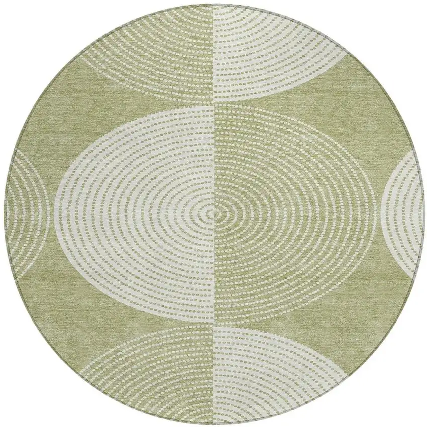8' Artichoke Green And Ivory Round Geometric Washable Indoor Outdoor Area Rug Photo 4