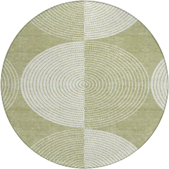 8' Artichoke Green And Ivory Round Geometric Washable Indoor Outdoor Area Rug Photo 2