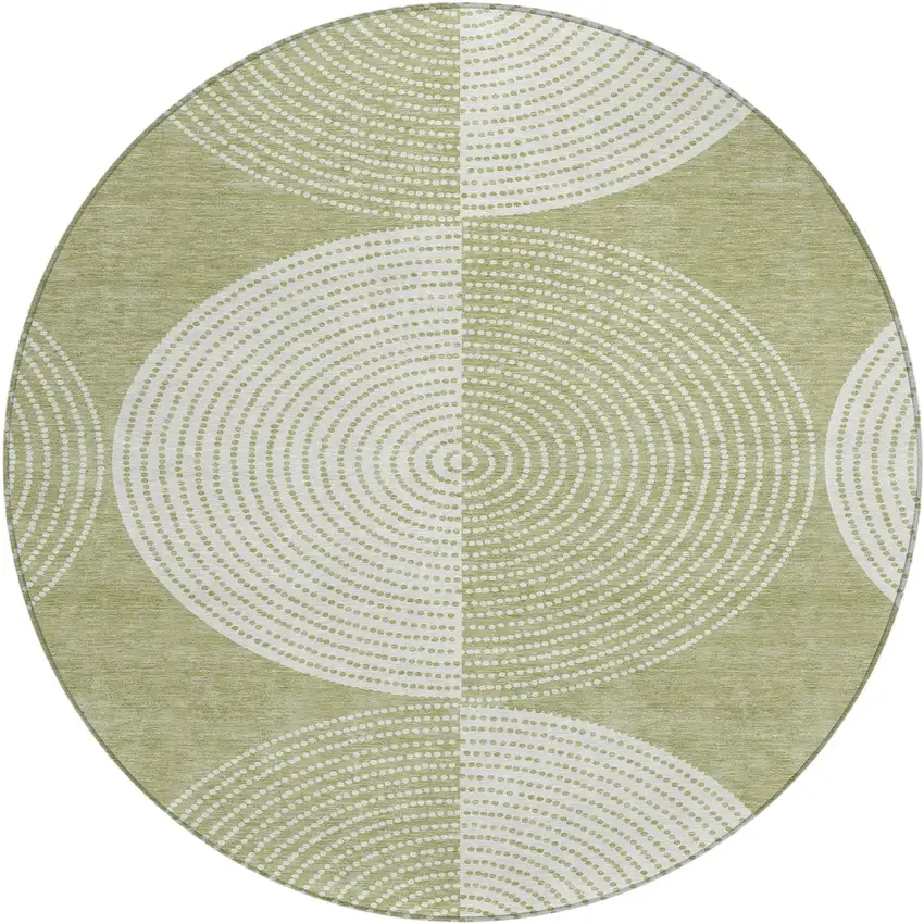 8' Artichoke Green And Ivory Round Geometric Washable Indoor Outdoor Area Rug Photo 2