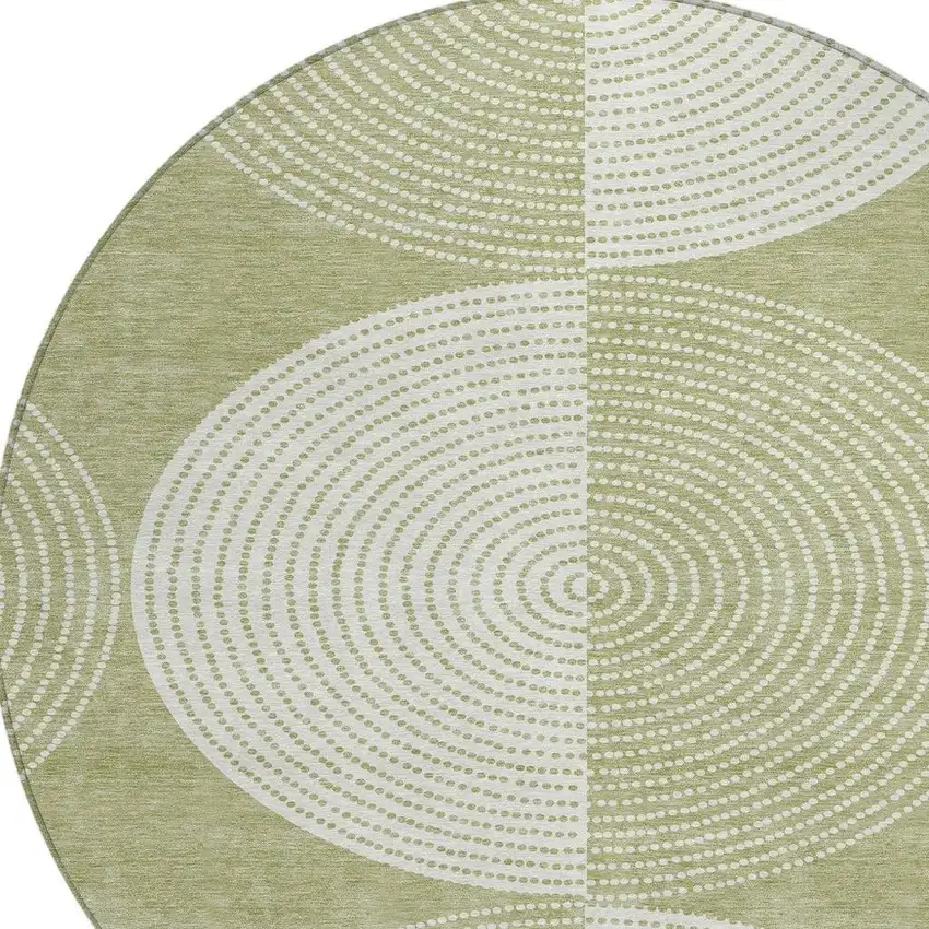 8' Artichoke Green And Ivory Round Geometric Washable Indoor Outdoor Area Rug Photo 6