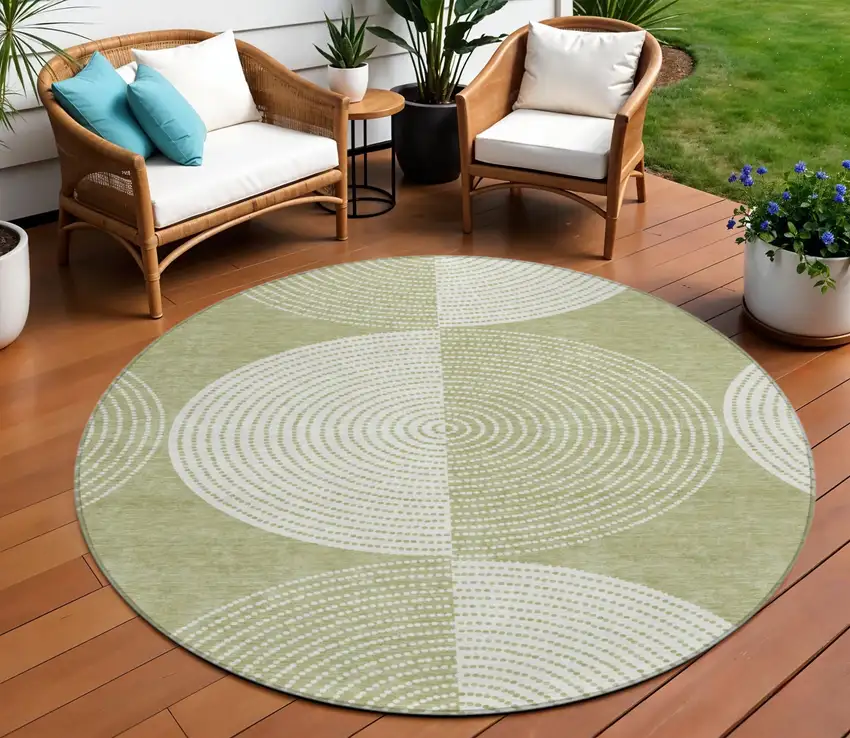 8' Artichoke Green And Ivory Round Geometric Washable Indoor Outdoor Area Rug Photo 1