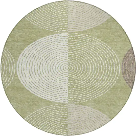8' Artichoke Green And Ivory Round Geometric Washable Indoor Outdoor Area Rug Photo 2