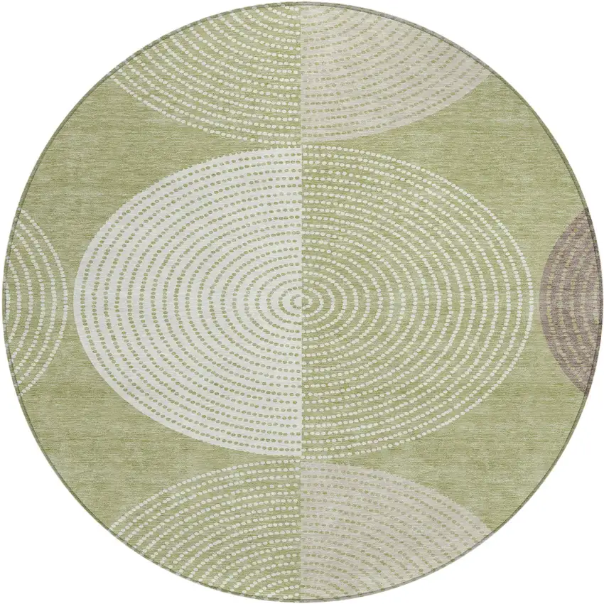 8' Artichoke Green And Ivory Round Geometric Washable Indoor Outdoor Area Rug Photo 2