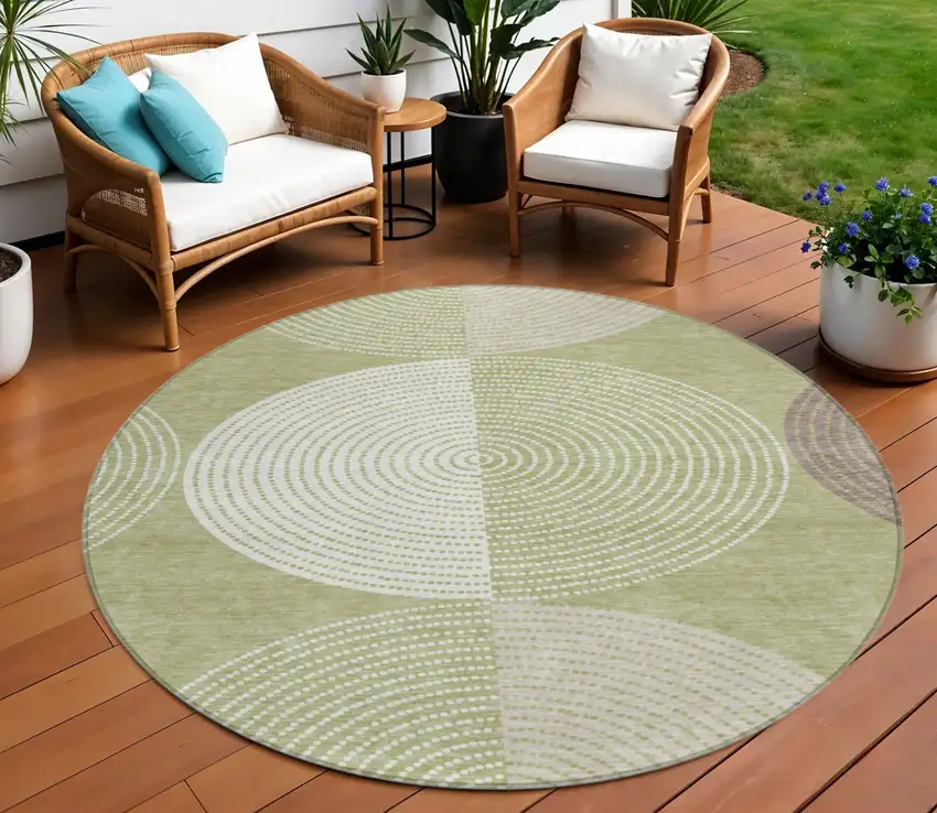 8' Artichoke Green And Ivory Round Geometric Washable Indoor Outdoor Area Rug Photo 1