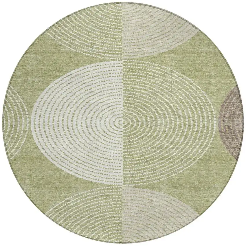 8' Artichoke Green And Ivory Round Geometric Washable Indoor Outdoor Area Rug Photo 5