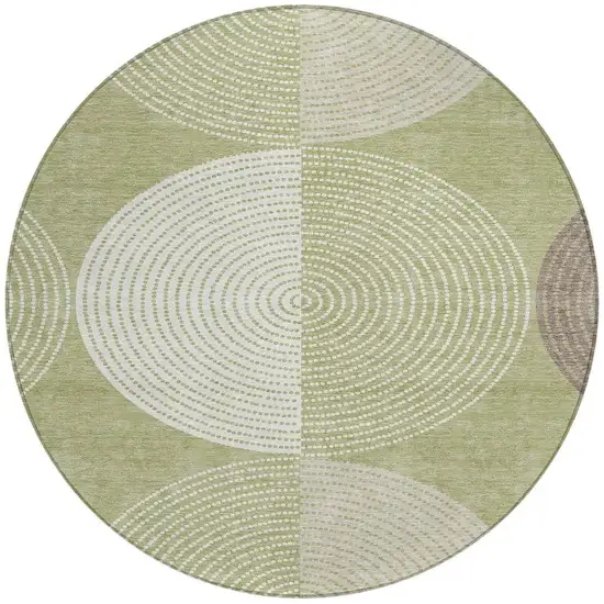 8' Artichoke Green And Ivory Round Geometric Washable Indoor Outdoor Area Rug Photo 4