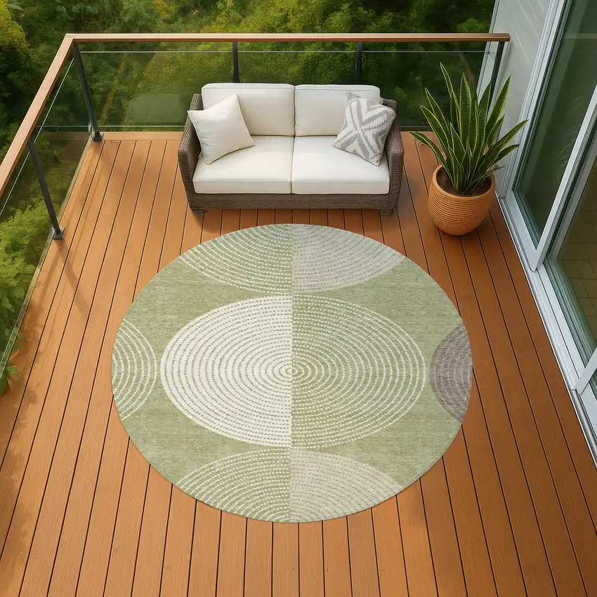 8' Artichoke Green And Ivory Round Geometric Washable Indoor Outdoor Area Rug Photo 8