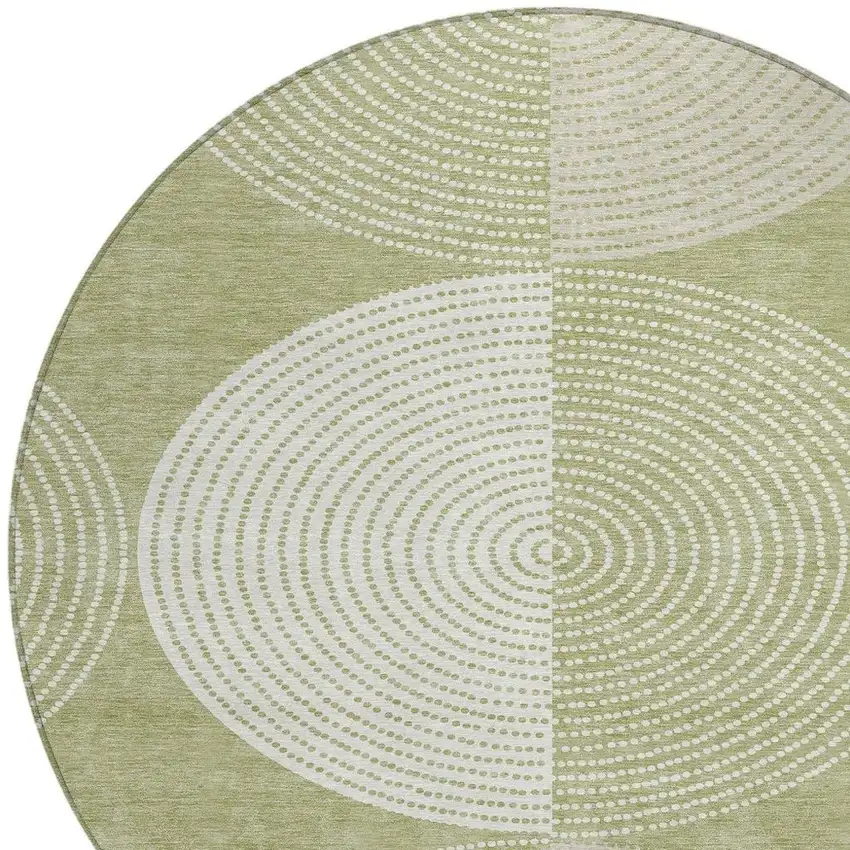 8' Artichoke Green And Ivory Round Geometric Washable Indoor Outdoor Area Rug Photo 7