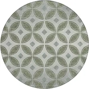 Photo of 8' Artichoke Green And Ivory Round Geometric Washable Indoor Outdoor Area Rug