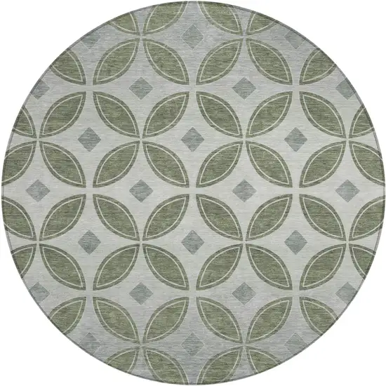 8' Artichoke Green And Ivory Round Geometric Washable Indoor Outdoor Area Rug Photo 1