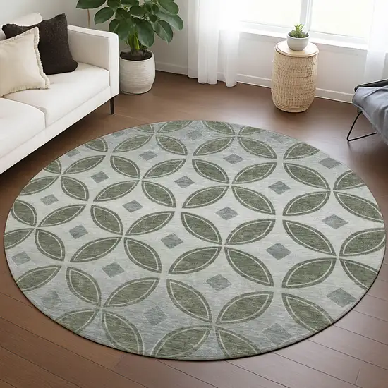 8' Artichoke Green And Ivory Round Geometric Washable Indoor Outdoor Area Rug Photo 5
