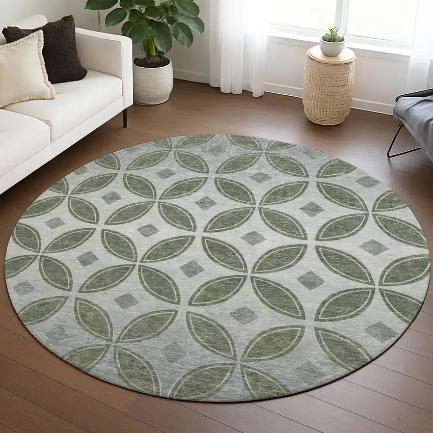 8' Artichoke Green And Ivory Round Geometric Washable Indoor Outdoor Area Rug Photo 5
