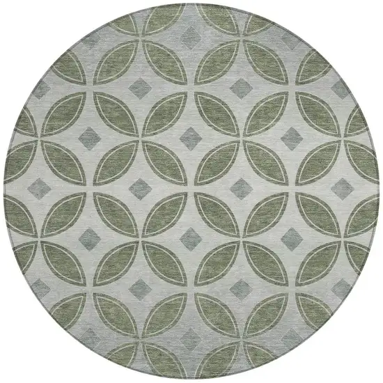 8' Artichoke Green And Ivory Round Geometric Washable Indoor Outdoor Area Rug Photo 2