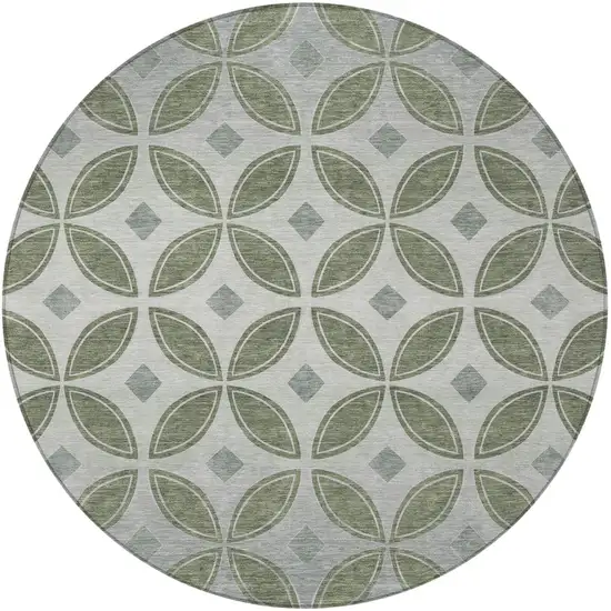8' Artichoke Green And Ivory Round Geometric Washable Indoor Outdoor Area Rug Photo 3