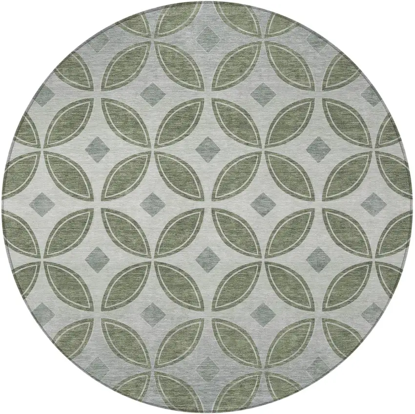 8' Artichoke Green And Ivory Round Geometric Washable Indoor Outdoor Area Rug Photo 3
