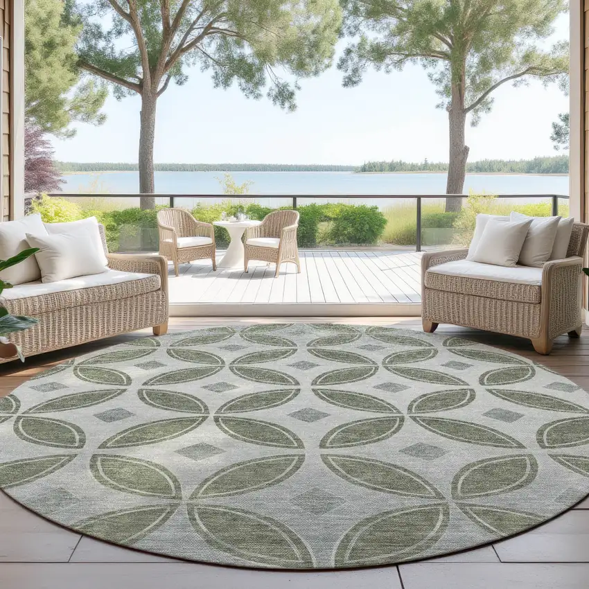8' Artichoke Green And Ivory Round Geometric Washable Indoor Outdoor Area Rug Photo 4