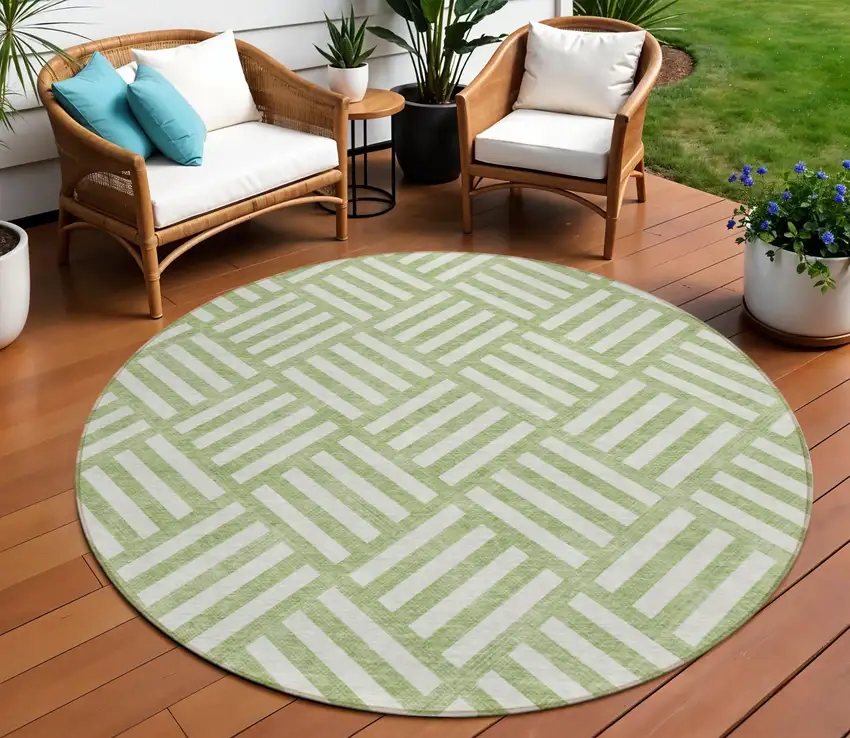 8' Artichoke Green And Ivory Round Geometric Washable Indoor Outdoor Area Rug Photo 1