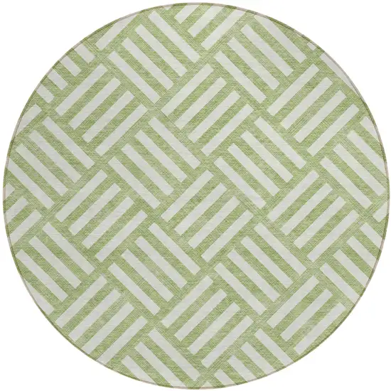 8' Artichoke Green And Ivory Round Geometric Washable Indoor Outdoor Area Rug Photo 2