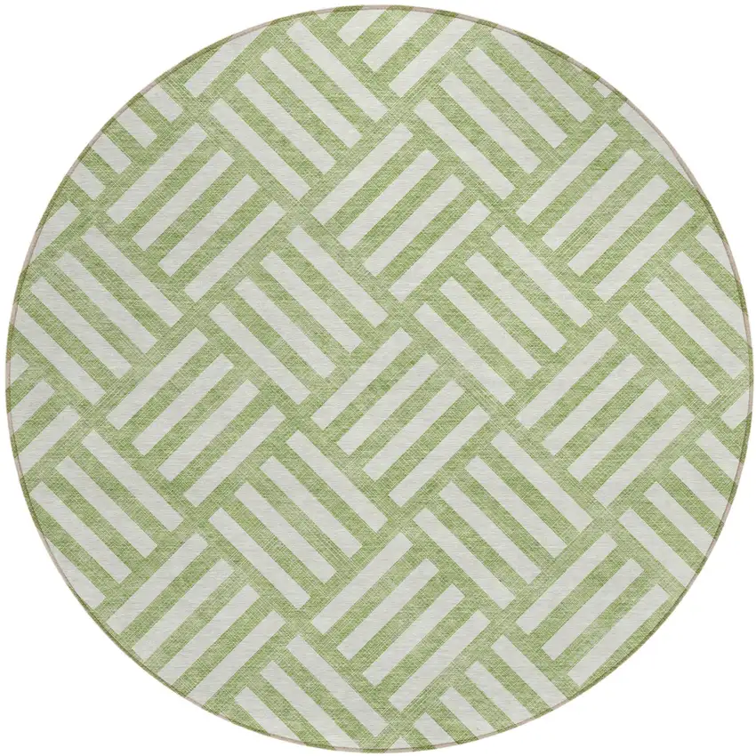 8' Artichoke Green And Ivory Round Geometric Washable Indoor Outdoor Area Rug Photo 2