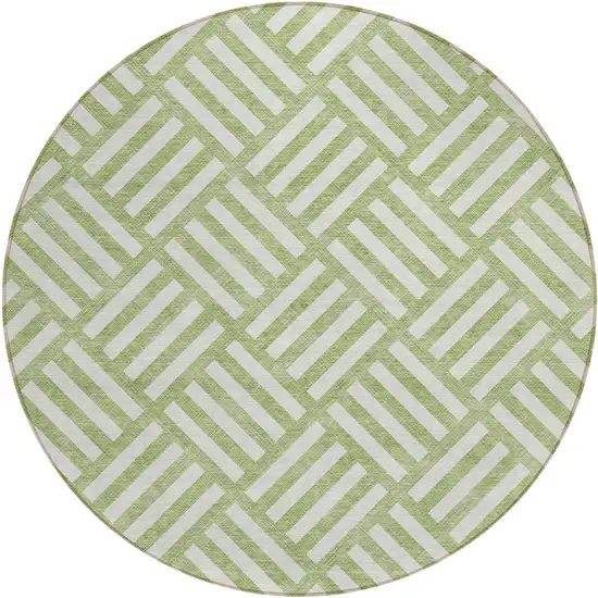 8' Artichoke Green And Ivory Round Geometric Washable Indoor Outdoor Area Rug Photo 2