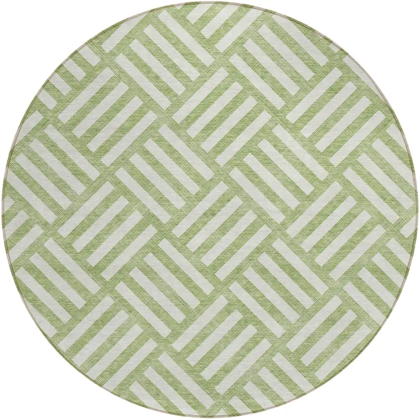 8' Artichoke Green And Ivory Round Geometric Washable Indoor Outdoor Area Rug Photo 2