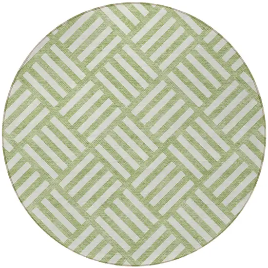 8' Artichoke Green And Ivory Round Geometric Washable Indoor Outdoor Area Rug Photo 6