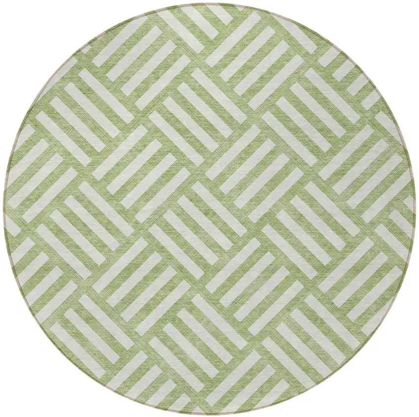 8' Artichoke Green And Ivory Round Geometric Washable Indoor Outdoor Area Rug Photo 6