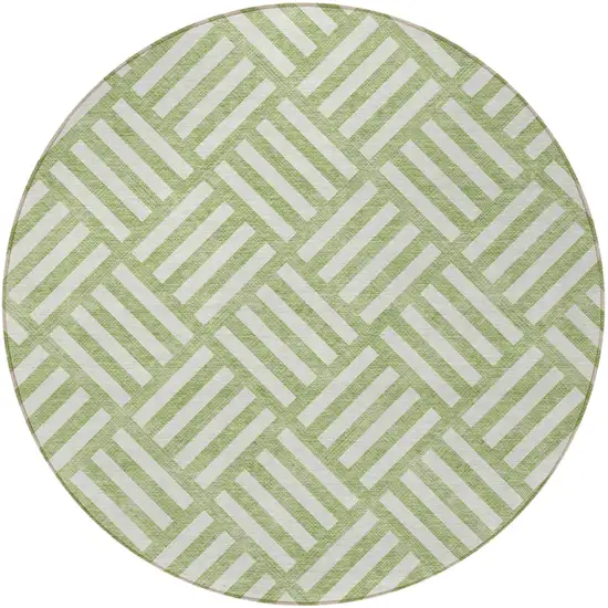 8' Artichoke Green And Ivory Round Geometric Washable Indoor Outdoor Area Rug Photo 6