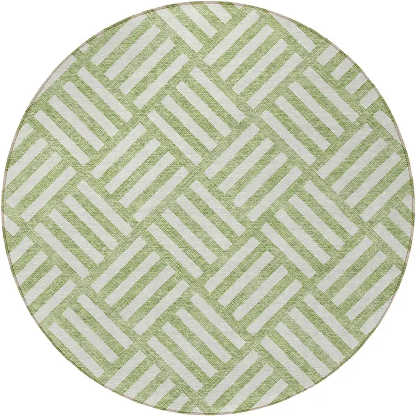 8' Artichoke Green And Ivory Round Geometric Washable Indoor Outdoor Area Rug Photo 6