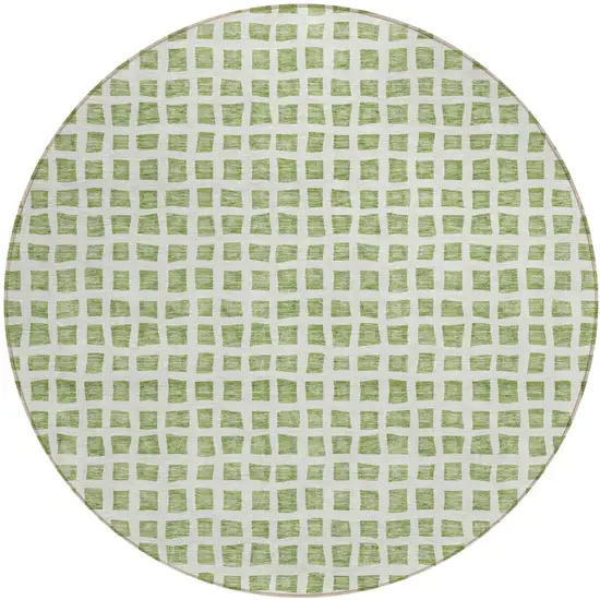 8' Artichoke Green And Ivory Round Geometric Washable Indoor Outdoor Area Rug Photo 1