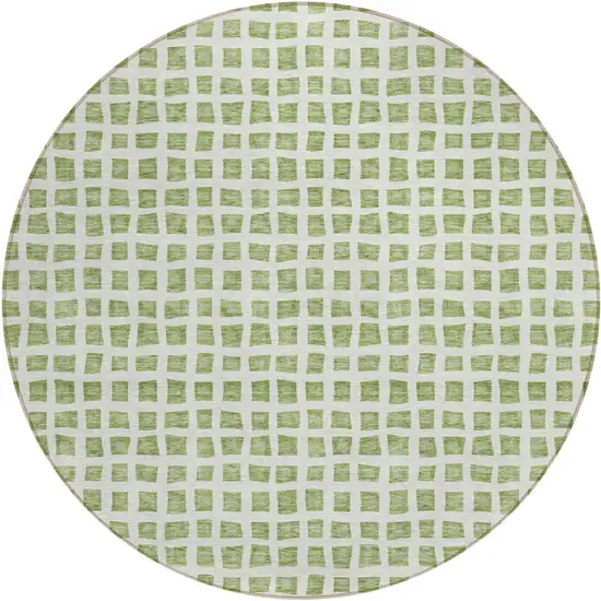 8' Artichoke Green And Ivory Round Geometric Washable Indoor Outdoor Area Rug Photo 1