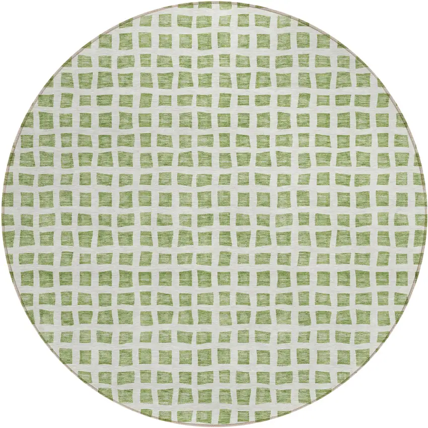 8' Artichoke Green And Ivory Round Geometric Washable Indoor Outdoor Area Rug Photo 1