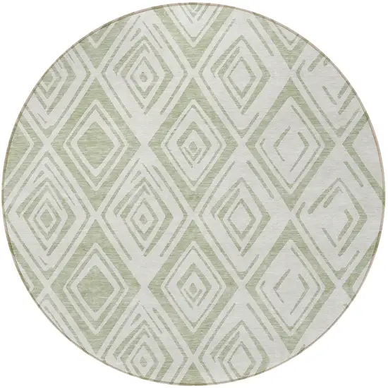 8' Artichoke Green And Ivory Round Geometric Washable Indoor Outdoor Area Rug Photo 5