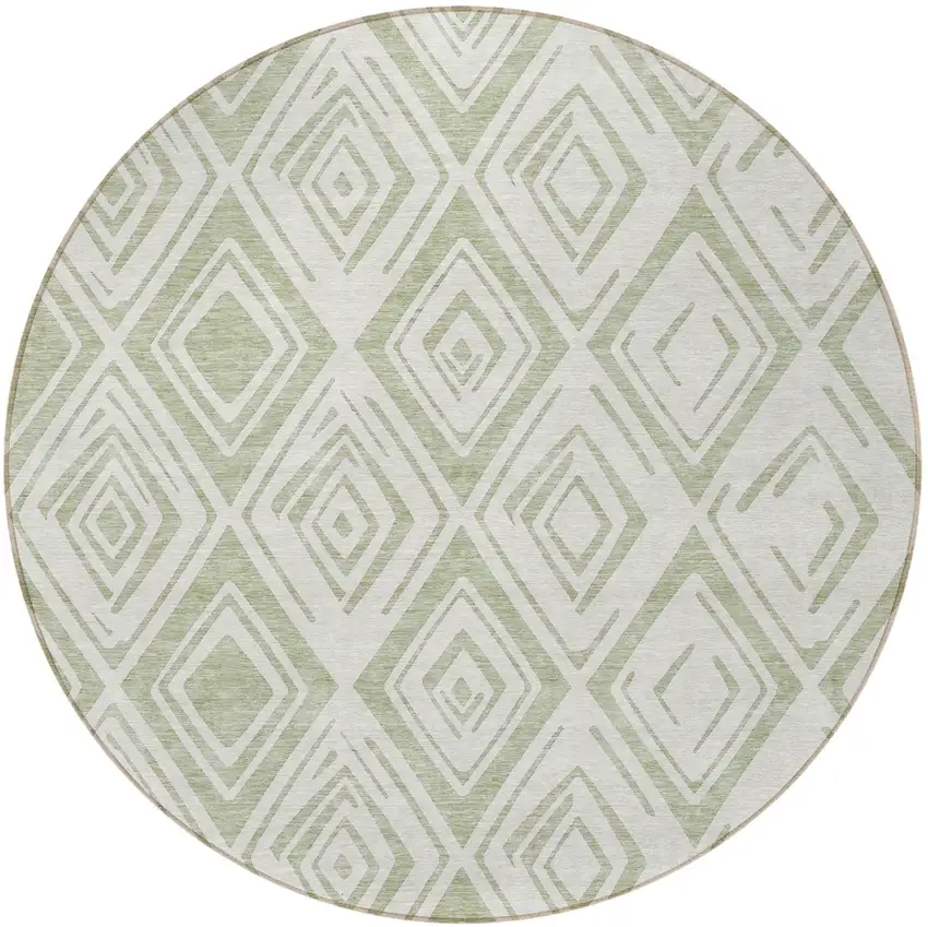 8' Artichoke Green And Ivory Round Geometric Washable Indoor Outdoor Area Rug Photo 5