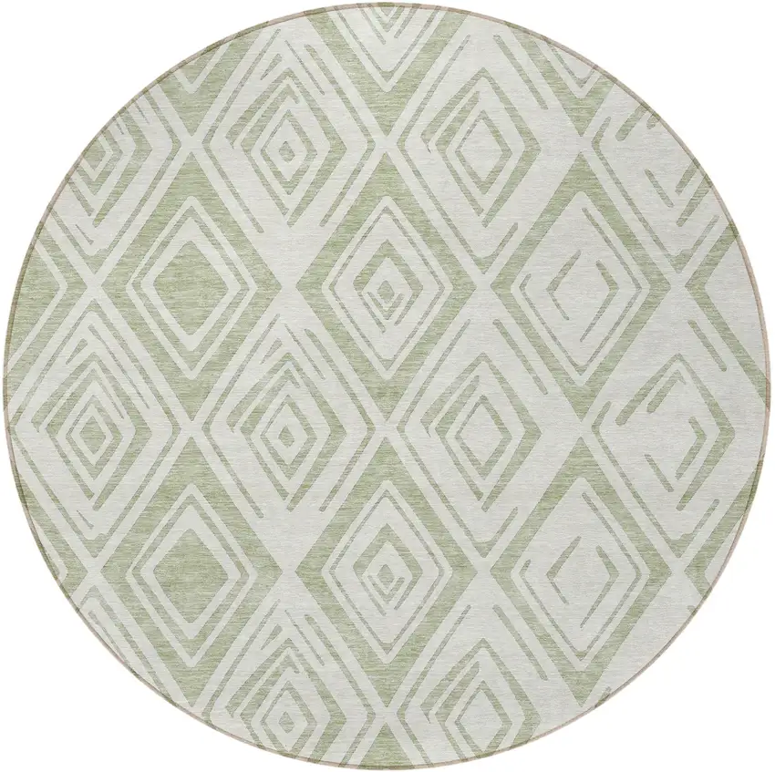 8' Artichoke Green And Ivory Round Geometric Washable Indoor Outdoor Area Rug Photo 5